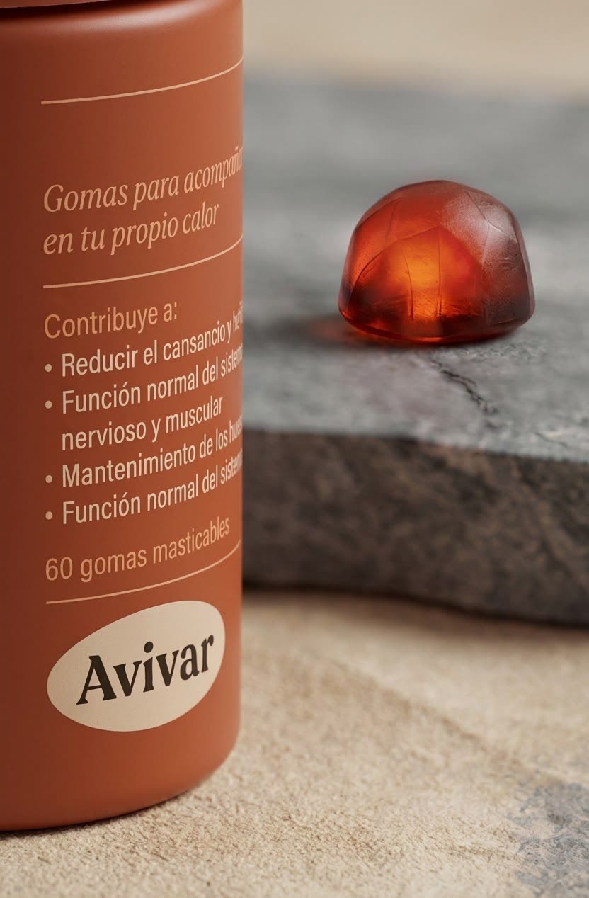 Frasco de CALOR de Avivar junto a una goma